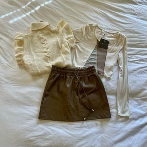 Faux leather skirt, sweater top, and crop top fall bundle